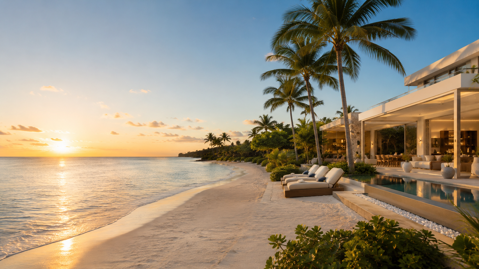 Beachfront villa on white sand at sunset